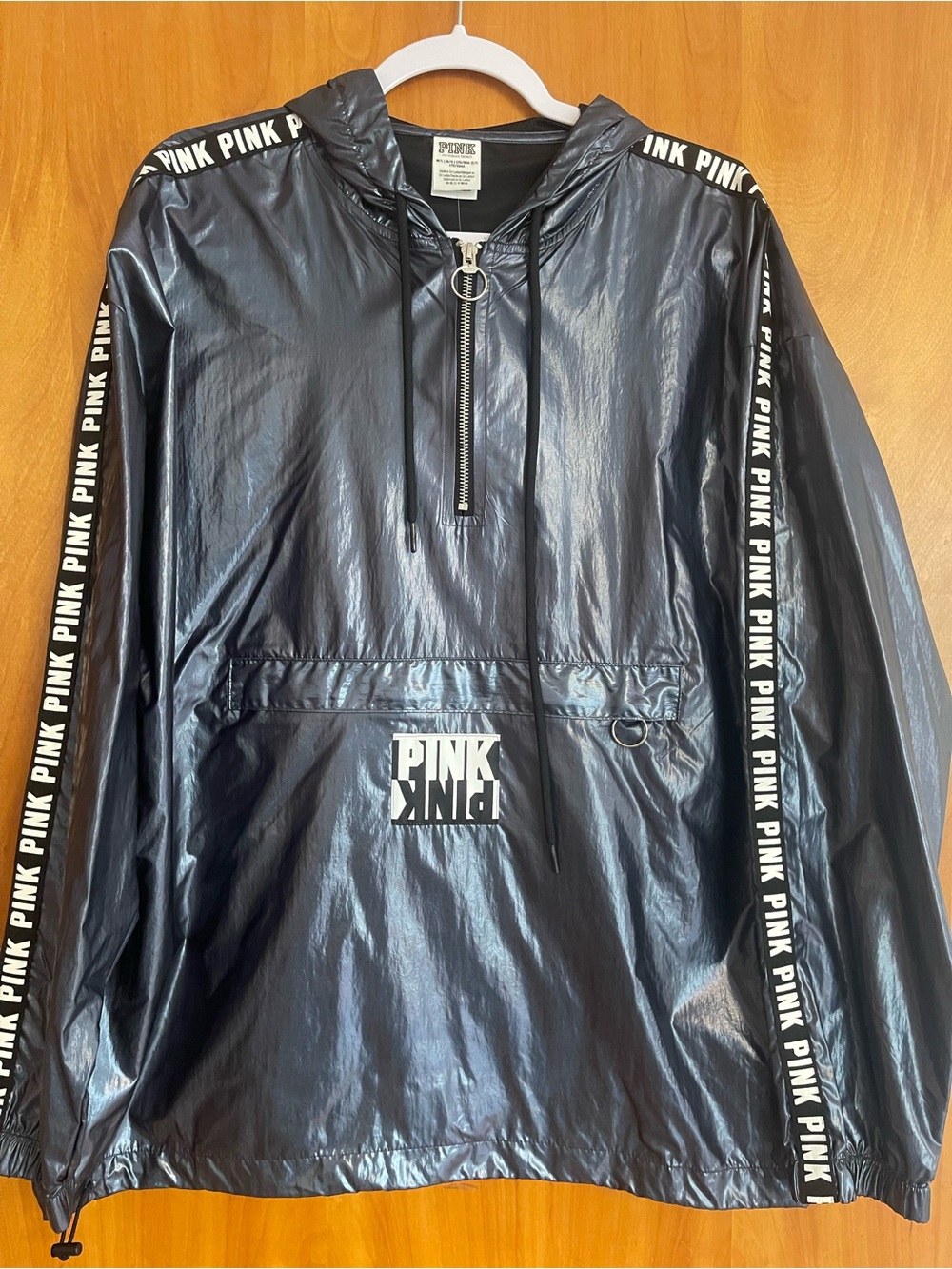 PINK Victoria's Secret Black Shiny Windbreaker Anorak